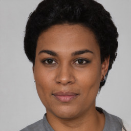 Neutral black young-adult female with short  black hair and brown eyes