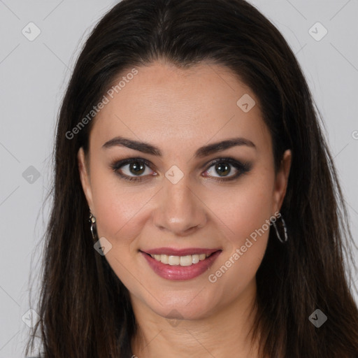 Joyful white young-adult female with long  brown hair and brown eyes