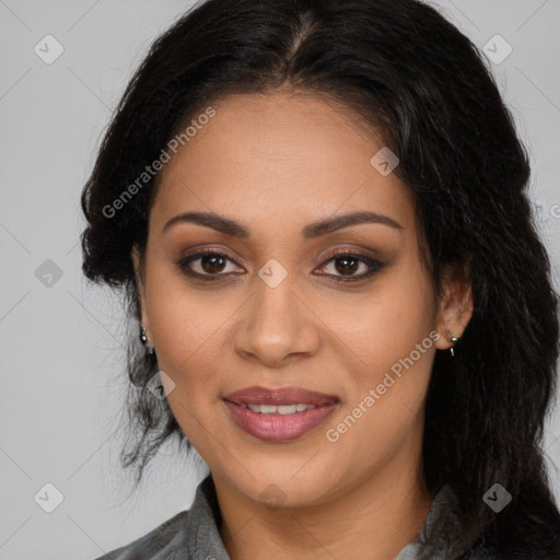 Joyful latino young-adult female with long  brown hair and brown eyes