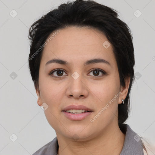 Joyful asian young-adult female with medium  black hair and brown eyes