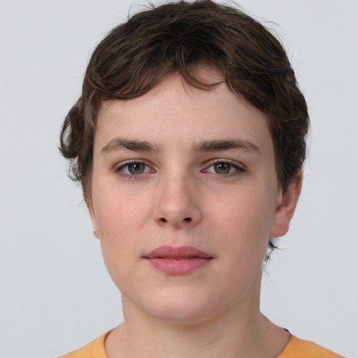 Neutral white young-adult female with short  brown hair and brown eyes