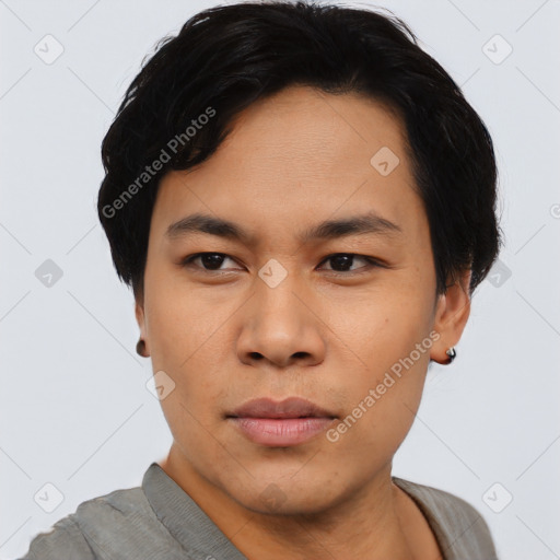 Neutral asian young-adult male with short  black hair and brown eyes