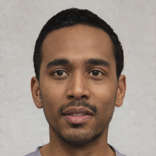 Neutral black young-adult male with short  black hair and brown eyes