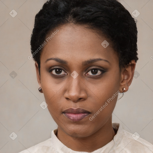 Neutral latino young-adult female with short  black hair and brown eyes