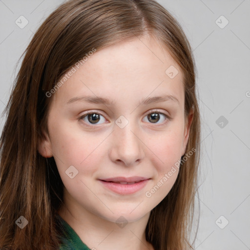 Joyful white young-adult female with long  brown hair and green eyes