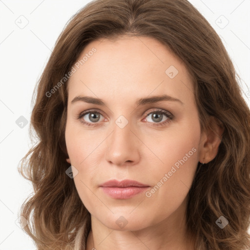 Joyful white young-adult female with long  brown hair and green eyes