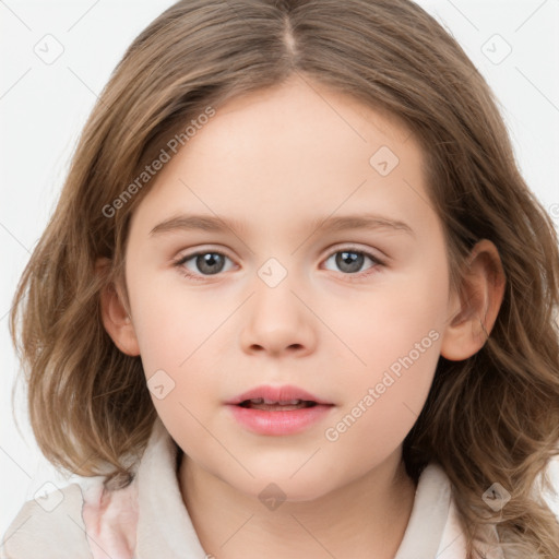 Neutral white child female with medium  brown hair and grey eyes