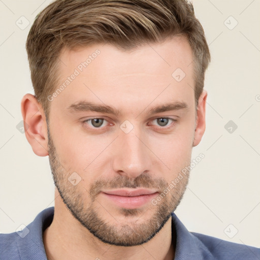 Neutral white young-adult male with short  brown hair and grey eyes