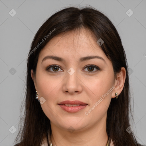 Joyful white young-adult female with long  brown hair and brown eyes