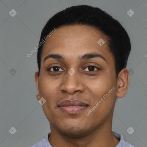 Joyful latino young-adult female with short  black hair and brown eyes