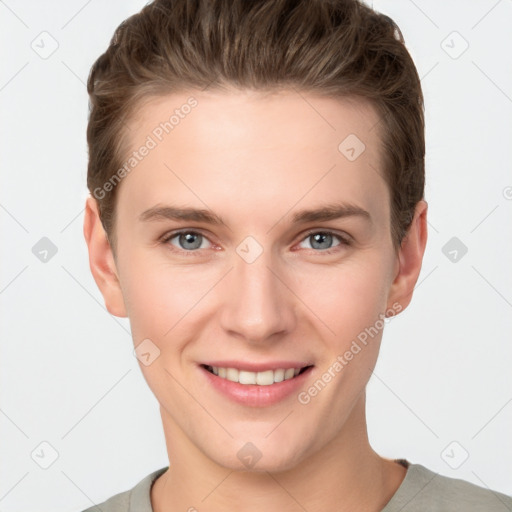 Joyful white young-adult female with short  brown hair and grey eyes