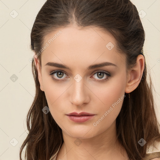 Neutral white young-adult female with long  brown hair and brown eyes