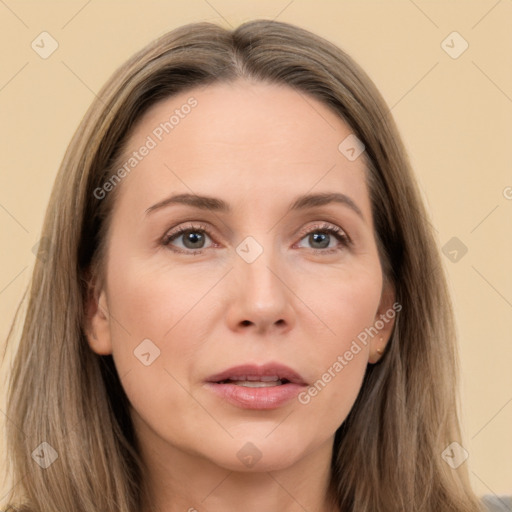 Neutral white young-adult female with long  brown hair and brown eyes