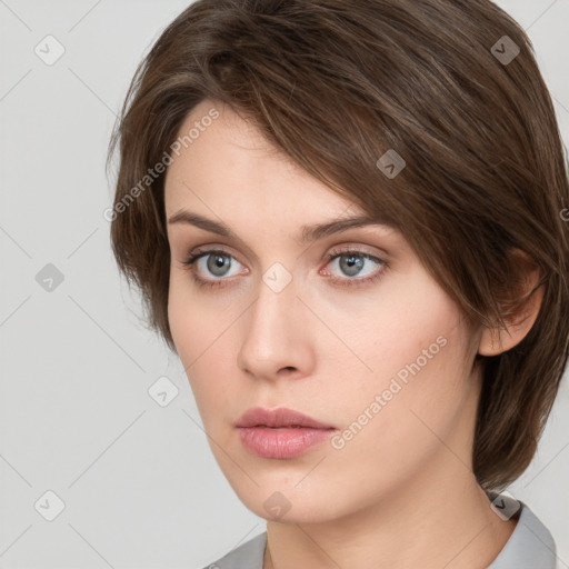 Neutral white young-adult female with medium  brown hair and grey eyes