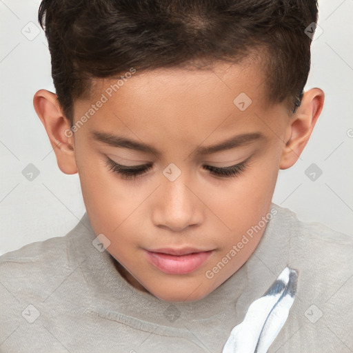 Joyful white child female with short  brown hair and brown eyes