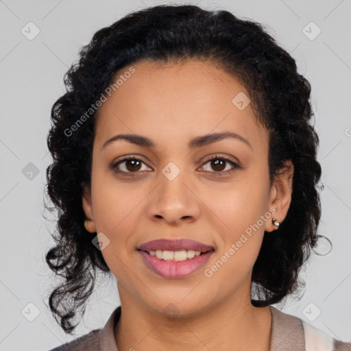 Joyful latino young-adult female with medium  black hair and brown eyes