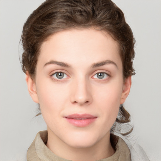 Neutral white young-adult female with short  brown hair and grey eyes