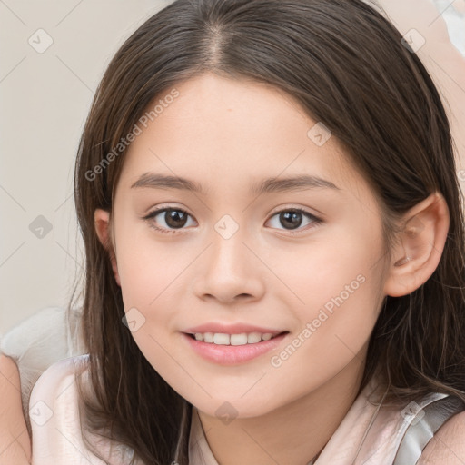 Joyful white child female with medium  brown hair and brown eyes