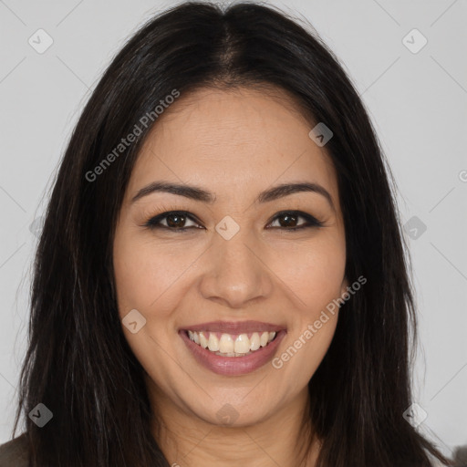 Joyful white young-adult female with long  brown hair and brown eyes