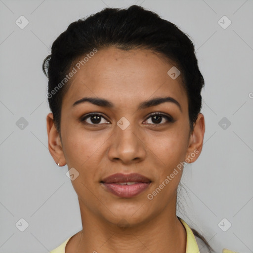 Joyful latino young-adult female with short  black hair and brown eyes