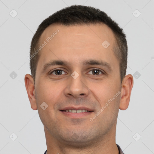 Joyful white young-adult male with short  brown hair and brown eyes