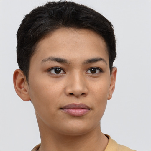 Neutral white young-adult female with short  brown hair and brown eyes
