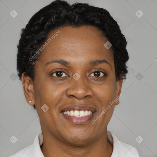 Joyful black adult female with short  brown hair and brown eyes