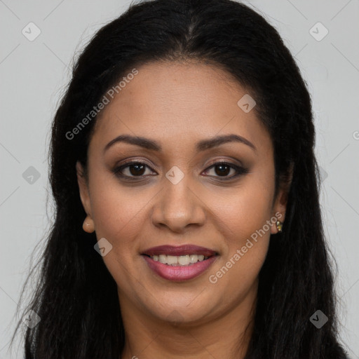 Joyful latino young-adult female with long  brown hair and brown eyes