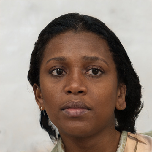 Neutral black young-adult female with medium  black hair and brown eyes