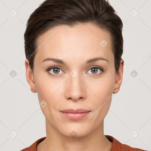 Neutral white young-adult female with short  brown hair and brown eyes