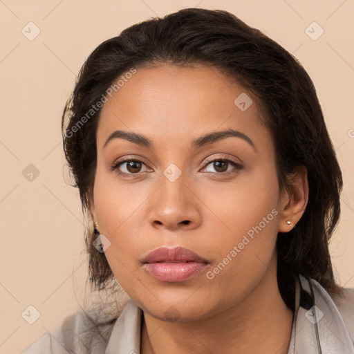 Neutral white young-adult female with long  brown hair and brown eyes