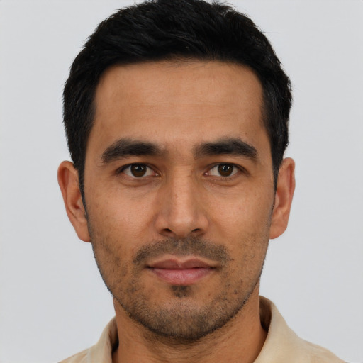 Neutral asian young-adult male with short  black hair and brown eyes