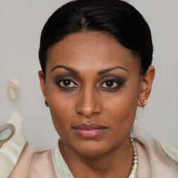 Neutral latino young-adult female with short  black hair and brown eyes