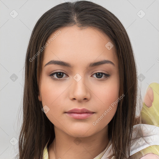 Neutral white young-adult female with long  brown hair and brown eyes