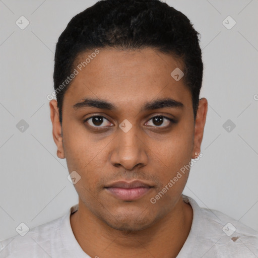 Neutral latino young-adult male with short  black hair and brown eyes