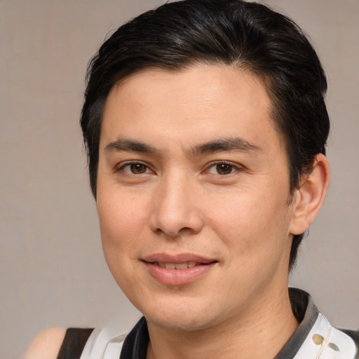 Joyful white young-adult male with medium  brown hair and brown eyes
