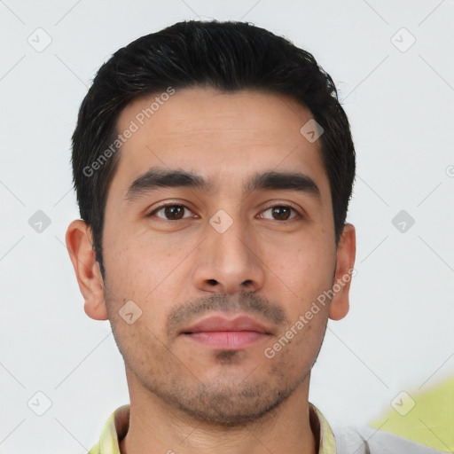 Neutral latino young-adult male with short  black hair and brown eyes