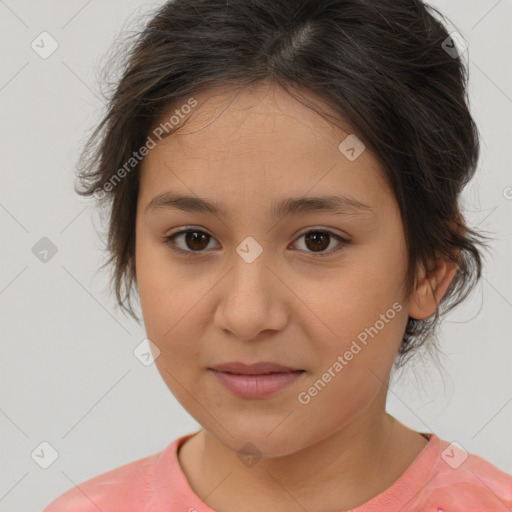 Joyful white child female with medium  brown hair and brown eyes