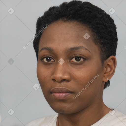 Neutral black young-adult female with short  black hair and brown eyes