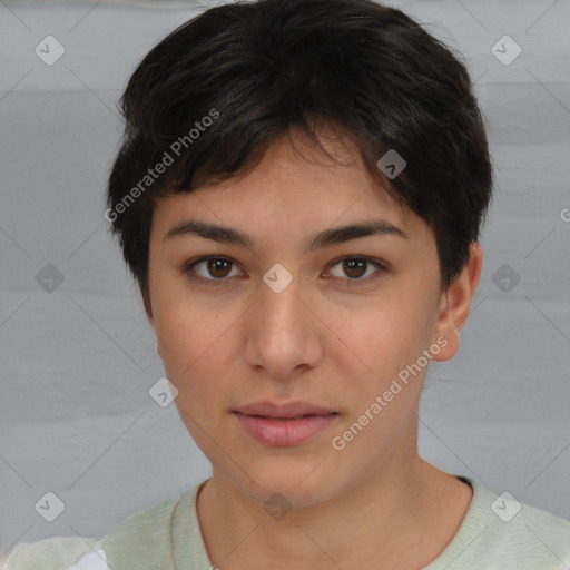 Neutral white young-adult female with short  brown hair and brown eyes