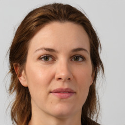 Joyful white adult female with medium  brown hair and grey eyes