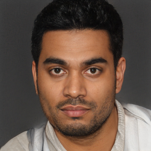 Neutral latino young-adult male with short  black hair and brown eyes