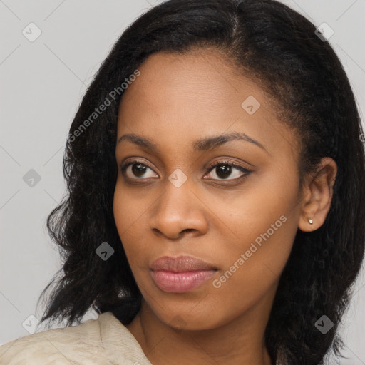 Joyful asian young-adult female with long  brown hair and brown eyes