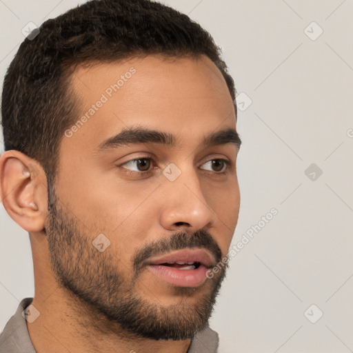 Neutral white young-adult male with short  brown hair and brown eyes