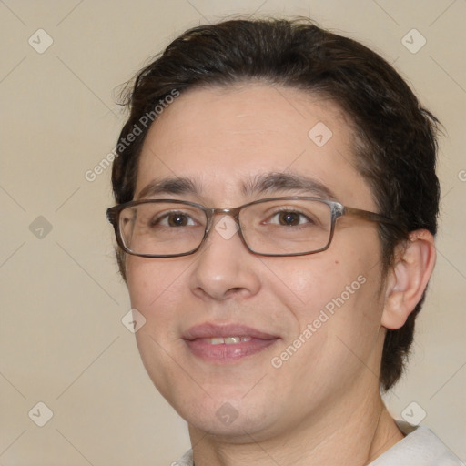 Joyful white young-adult male with medium  brown hair and brown eyes