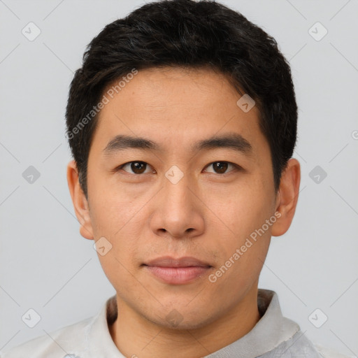 Neutral asian young-adult male with short  brown hair and brown eyes