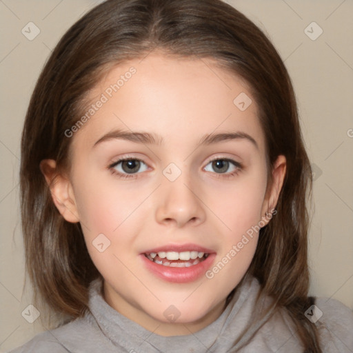 Joyful white child female with medium  brown hair and brown eyes