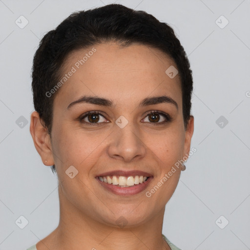 Joyful white young-adult female with short  brown hair and brown eyes