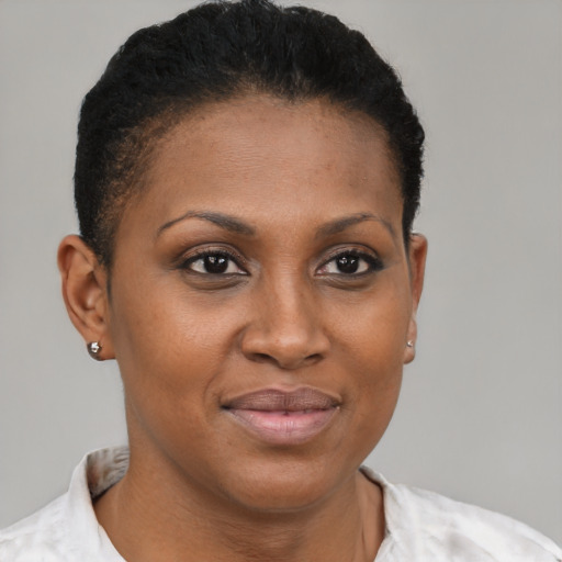 Joyful black young-adult female with short  brown hair and brown eyes