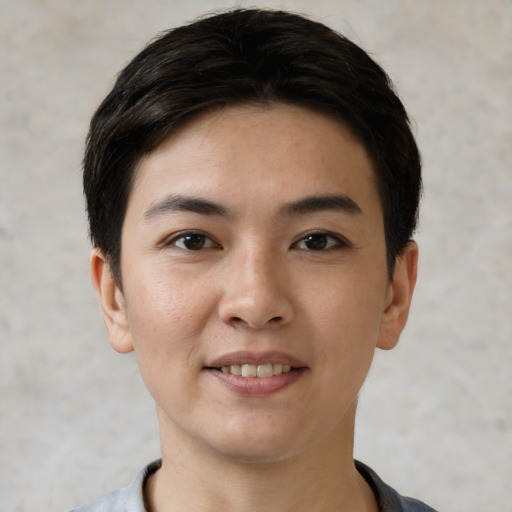 Joyful white young-adult female with short  black hair and brown eyes